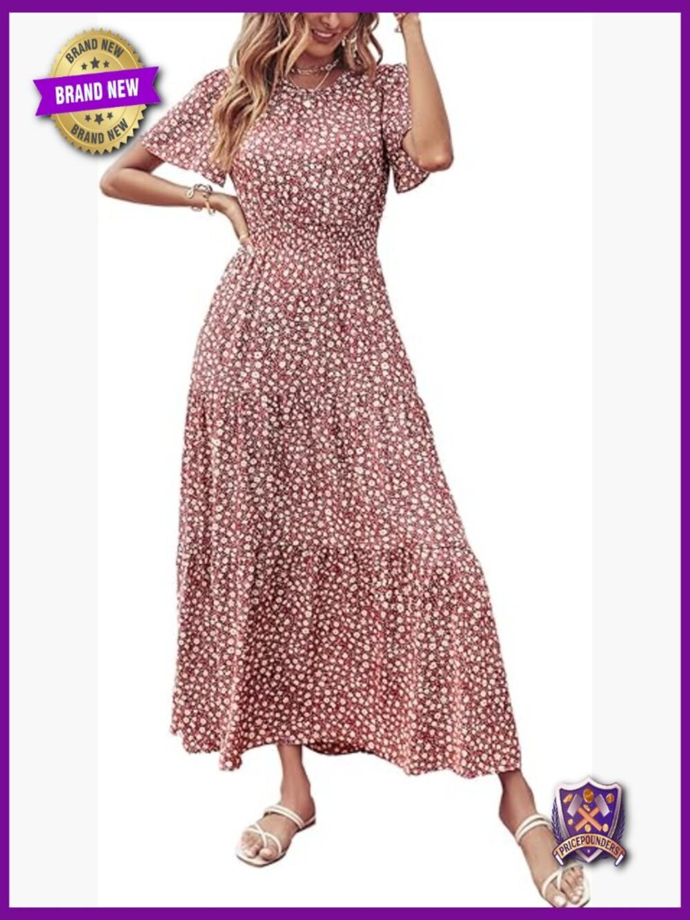 Womens Short Flutter Sleeve Round Neck Smocked Waist Tiered Boho Flowy Maxi